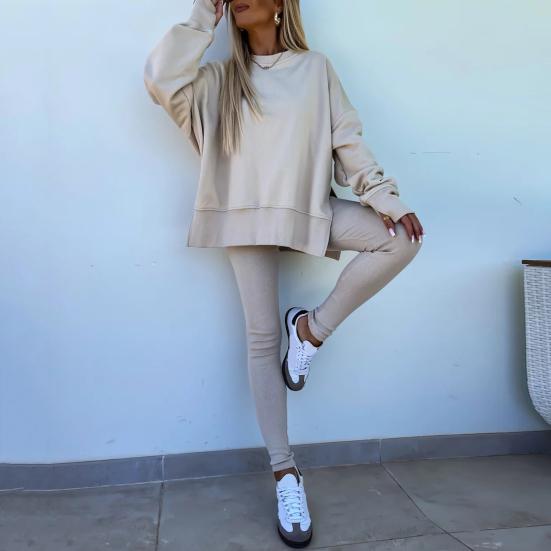 2 Pcs/Set Women Top Pants Suit Round Neck Long Sleeve Irregular Hem Sweatshirt Elastic Waist Solid Color Trousers Winter Daily Wear Tracksuit