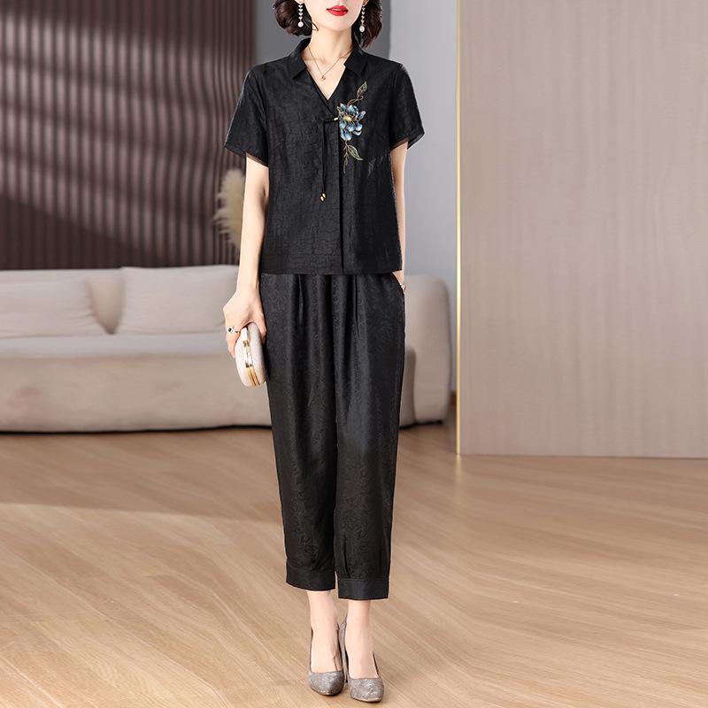 Женский шелковый комплект из двух предметов: Топ и шаровары большого размера против старения XL чёрный