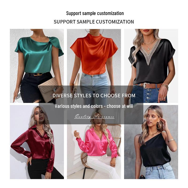 Solid Color Ruched Satin Pullover: Women's European and American Style Long-Sleeved Shirt