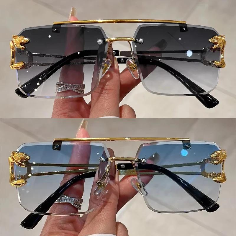 2 Pairs Per Set Rimless Square Sunglasses Fashion Vintage Double Bridge Gradient Shades Trendy Luxury Brand Design Sun Glasses