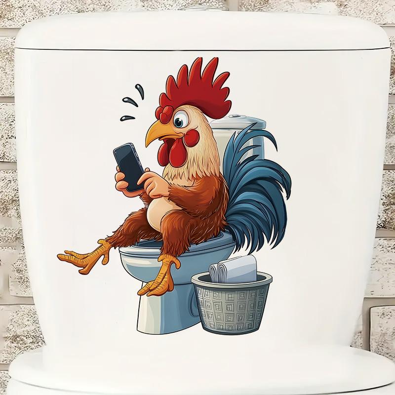 Coq de dessin animé drôle jouant au smartphone Sticker mural de toilettes Auto-adhésif Imperméable Amovible Décoration murale de salle de bain Maison Art