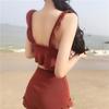 Conservative Knit Bikini Set Ruffle Trim Push Up High Waisted Boy Short Tummy Control Slimming Student Summer Beach Hot Spring Bathing Suit Swimwear