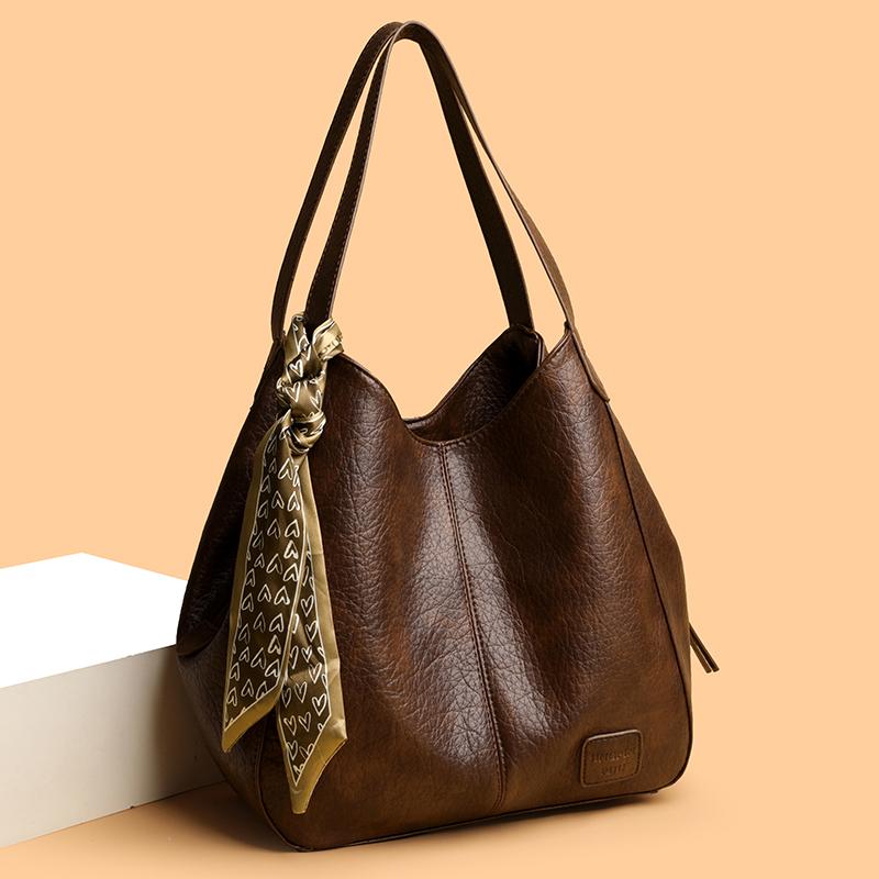 Vintage Luxury PU Leather Women Shoulder Crossbody Bags Large Capacity Tote Sac Female 3 Layers Multi-Pockets Commuter Handbags