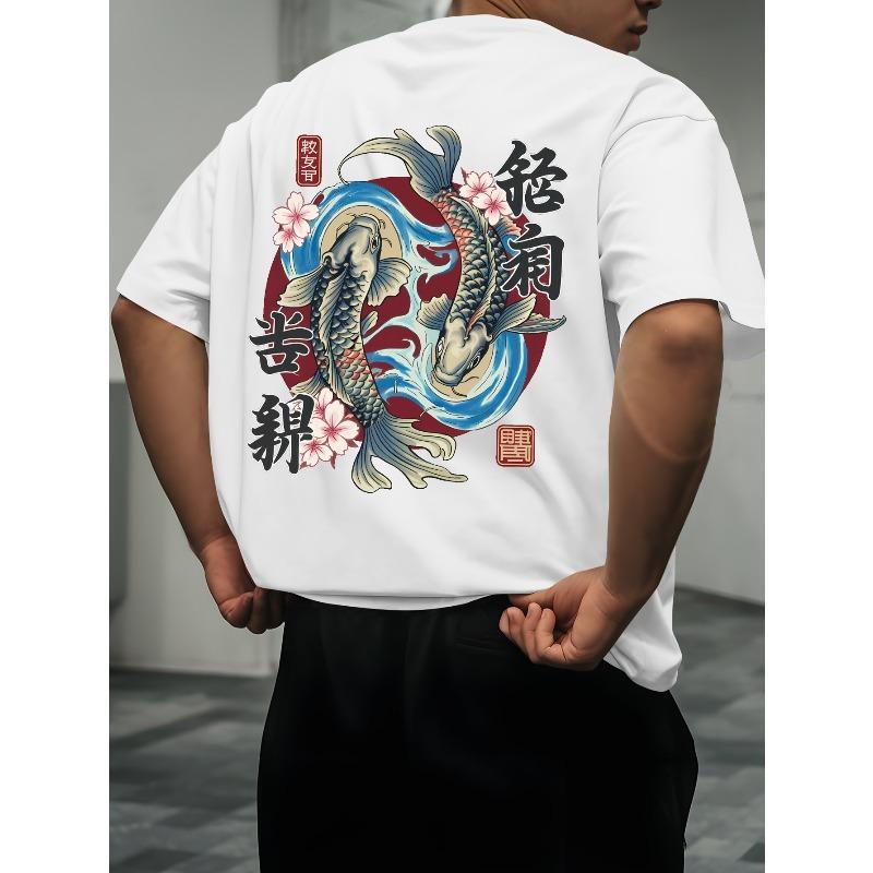 European Size Japanese Style Carp Summer Outdoor Sports and Casual Large-size Short-sleeved T-shirts, Men's Trendy Fashion Prints, Loose Base Shirts
