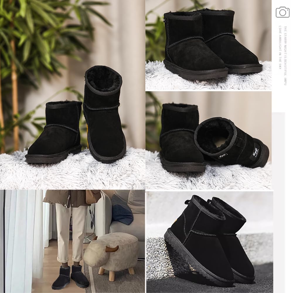 Sheepskin Genuine Cowhide and Sheep Short Boots with Warm Fur Fluffy Waterproof and A11 [N Gaji] Women's Boots, Fur, Lining, Non-Slip Sole, (Black,