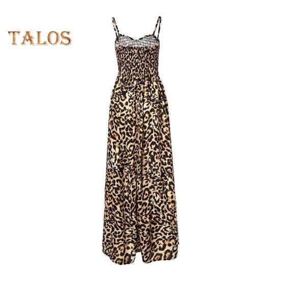 Women Strappy Dress Leopard Print Low-cut V Neck Sleeveless Tight High Waist Color Matching Backless Big Hem Vacation Beach Maxi Dress