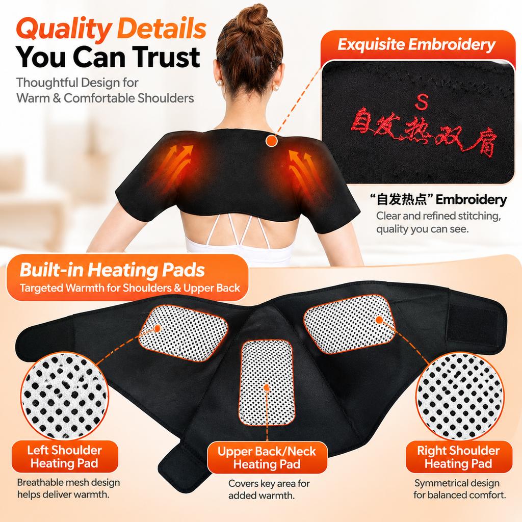 Self-Heating Shoulder Wrap with Far-Infrared Heating and 14 Magnets, Black, S/M/L/XL