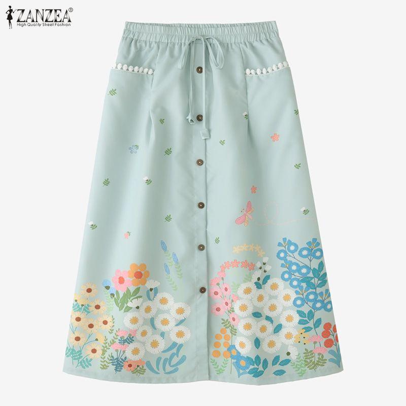 ZANZEA Women Loose Elastic Waist Casual Floral Print Skirts
