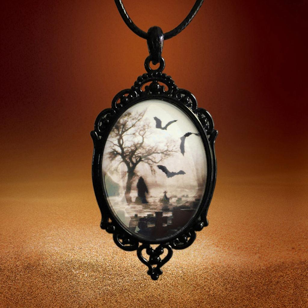 Bat Cemetery Glass Pendant Necklace Punk Choker Necklace Halloween Clavicle Chain Necklace Gothic Jewelry for Women Men