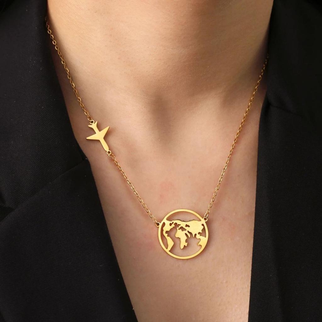 Jeshayuan Hollow World Map Necklace Aircraft And Globe Circle Charm Necklace Birthday Gifts