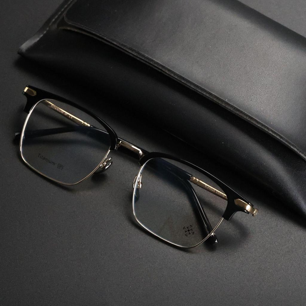 Men's PUNK Retro Titanium Eyebrow Half-Rim Glasses Frame, Large-Face Fit