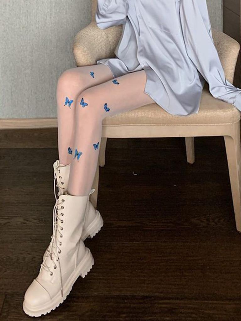 1 Pc New Blue Butterfly Silk Tights Women Sexy Black Skin Ultra-Thin Pantyhose JK Lolita Pantyhose