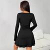 V-neck Long Sleeve Patchwork Short Skirt Dress - European & American Style, Sexy Hip-hugging, Round Neck, for Autumn & Winter.
