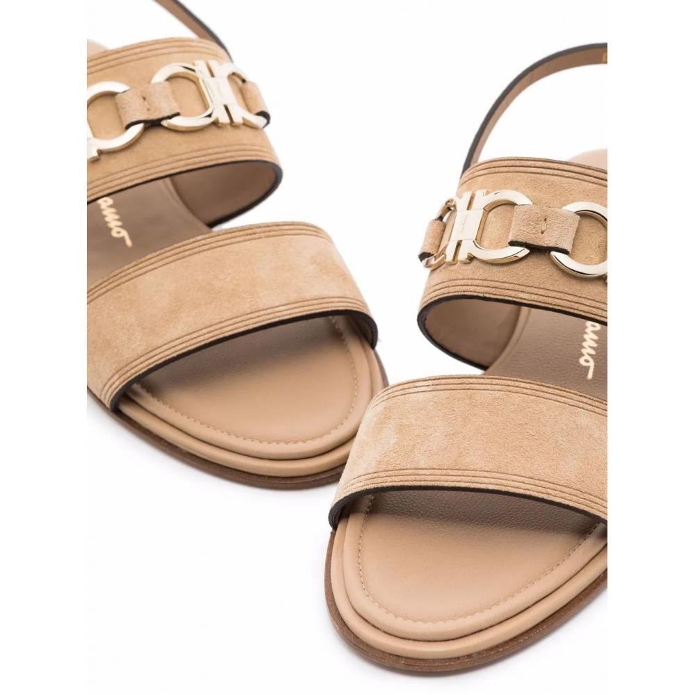 Salvatore Ferragamo Ferragamo Gancini Plaque Suede Sandals Neutrals