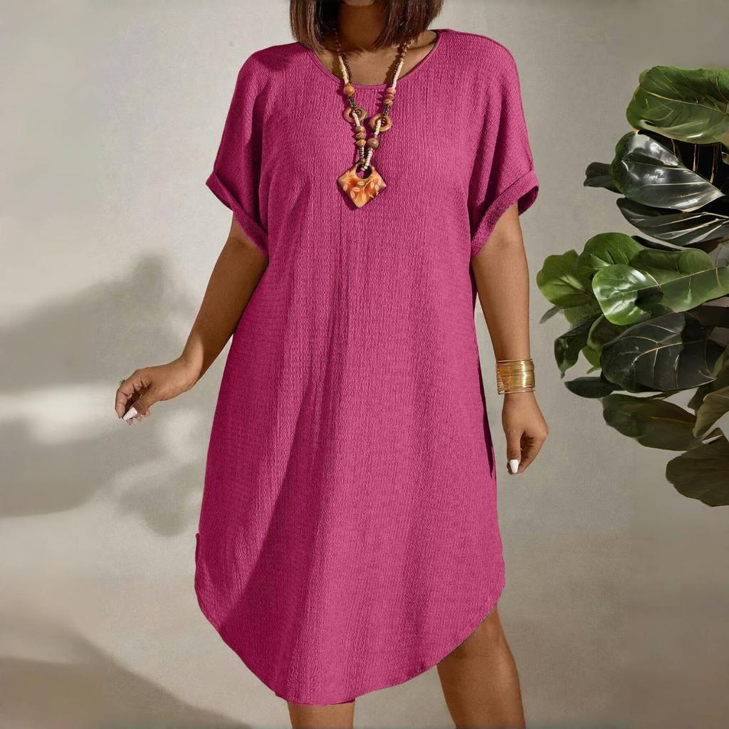 European and American Large-size Women's Clothing New Short-sleeved Solid Color Dress