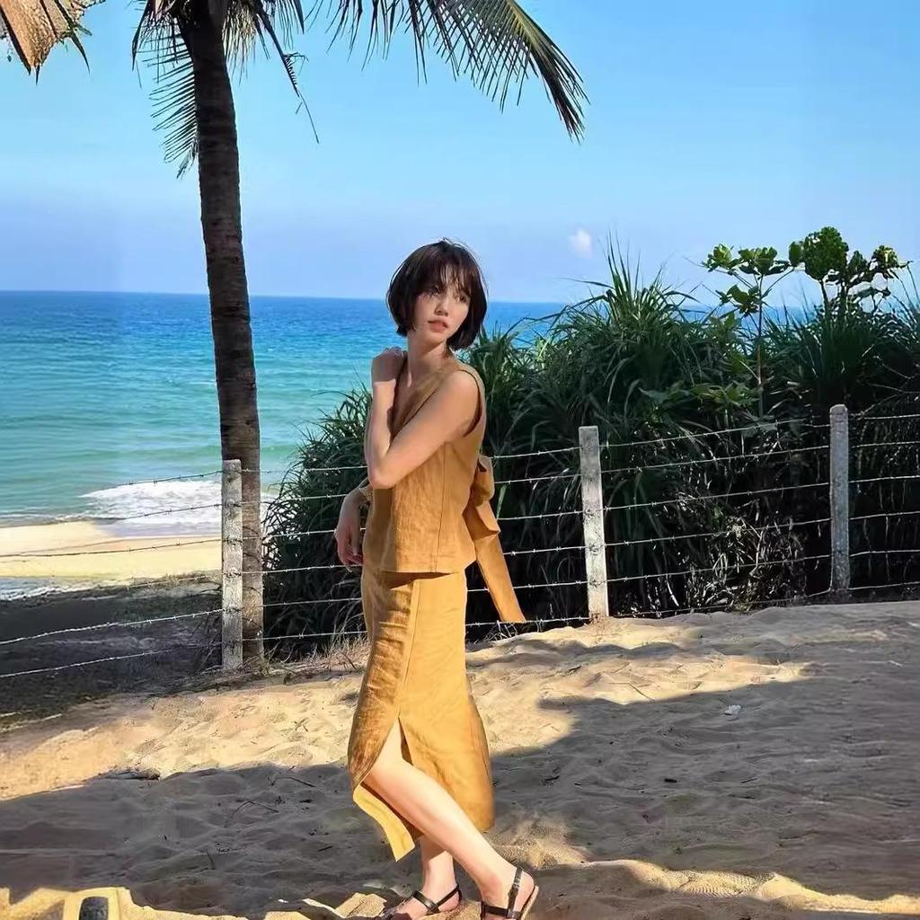 2024 Summer V-Neck Sleeveless Top & Midi Skirt Set