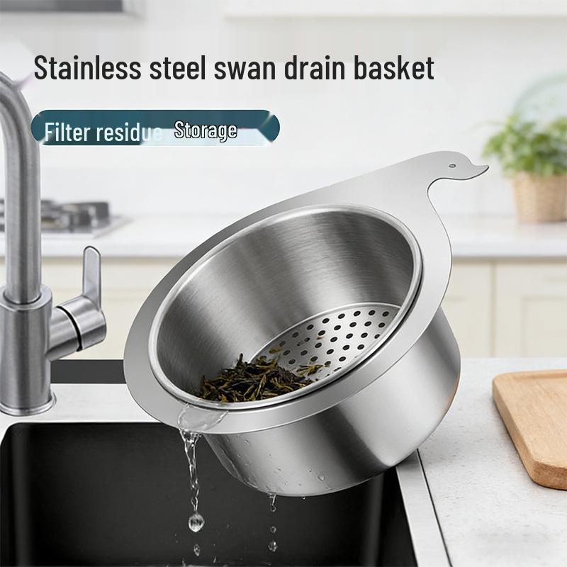 Swan Stainless Steel Kitchen Sink Drain Basket with Hanging Rack for Dry/Wet Separation and Vegetable Washing.