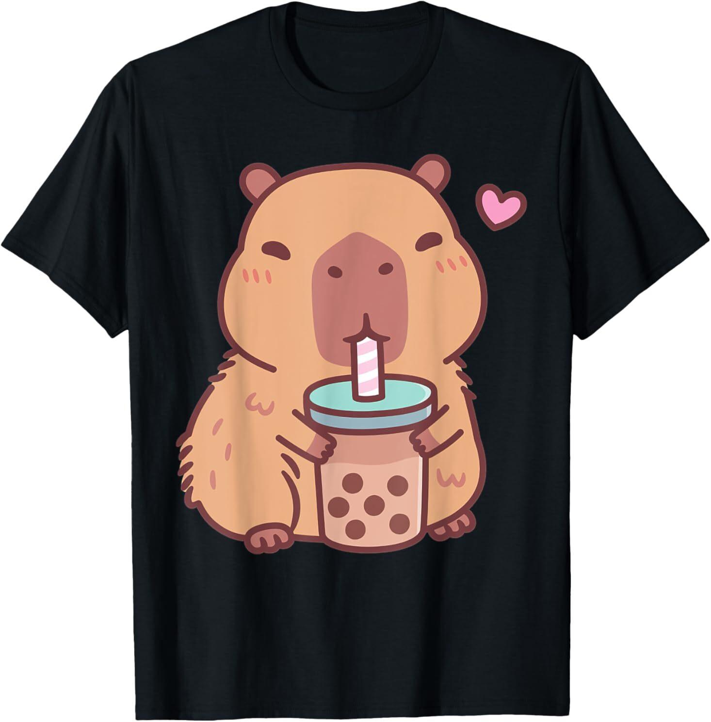Cute Capybara Kawaii Anime Drinking Bubble Tea Lover Girls T-Shirt Mens Womens Tees Top L