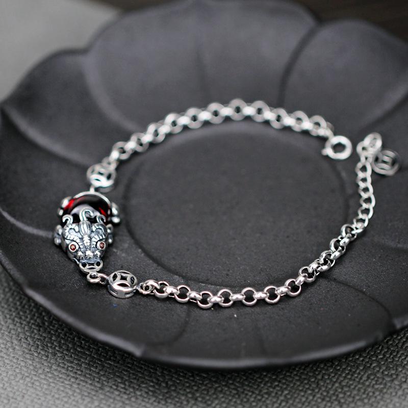 S925 Sterling Silver Pixiu Bracelet with Garnet: Women's Retro Ethnic Style Classic Couple's Gift