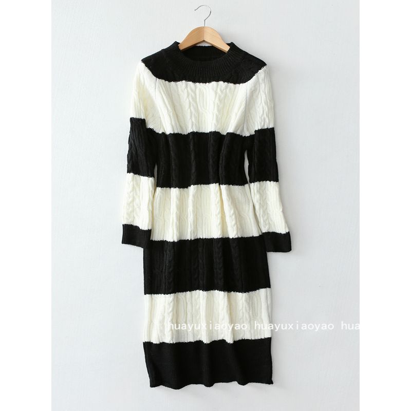 

[Big Sale Change] Twisted Flower Thickened Knitting Dress Female Autumn and Winter Long Split Contrast Color Striped Sweater Dress Black and white stripes One size