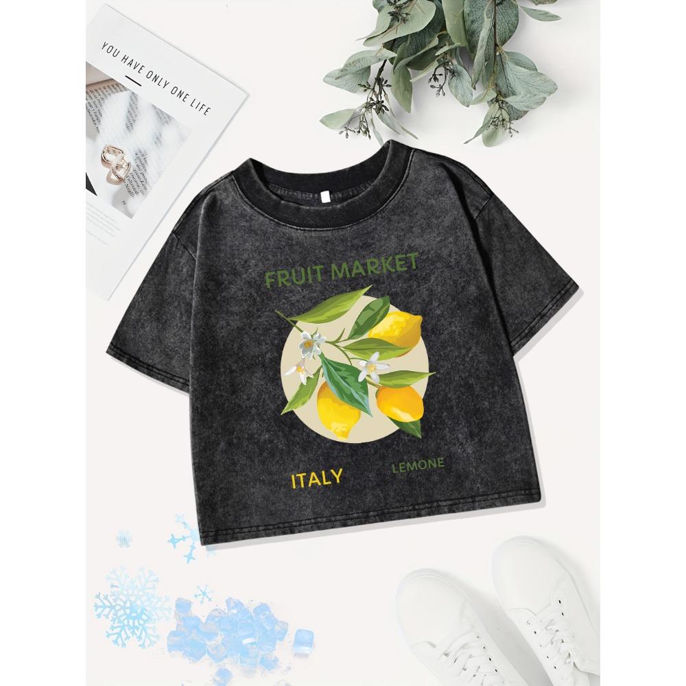 Sexy Cotton Crop Tops Womens Fruit Italy Lemone Prints Washed T-Shirts Summer Regular Fit O-Neck Streetwear Clothes