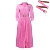 Women Elegant High Waist Turn Down Collar Long Sleeve Solid Pleated A Line Midi Dress