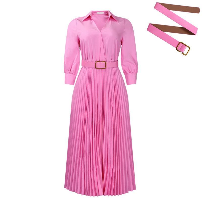Women Elegant High Waist Turn Down Collar Long Sleeve Solid Pleated A Line Midi Dress