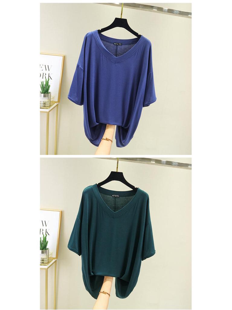 Koreanischer Stil Damen Übergröße V-Ausschnitt Sommer T-Shirt - Kurzarm, Schlankmachend, Vielseitiges Einfarbiges Modal-Top