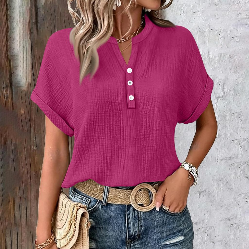 Womens Summer Tops Casual Button V Neck Short Sleeve Shirts Loose Pullover Tops Oversized Lightweight Blouses