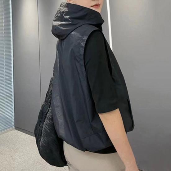 Women Ves Hooded Cardigan Sleeveless Drawstring Loose Sun Hem Solid Color Zipper Closure Protection Casual Sports