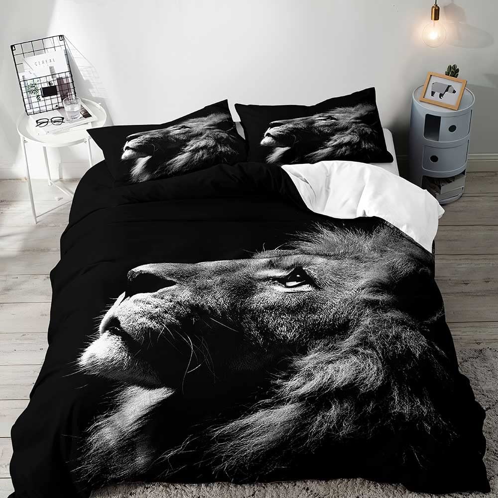 3PCS Lion King & Quen Beding Set, African Safari Animal Black Beding, Warm Comforter Cover, Bedrom Decor for Couples Ful Sized Dimensions
