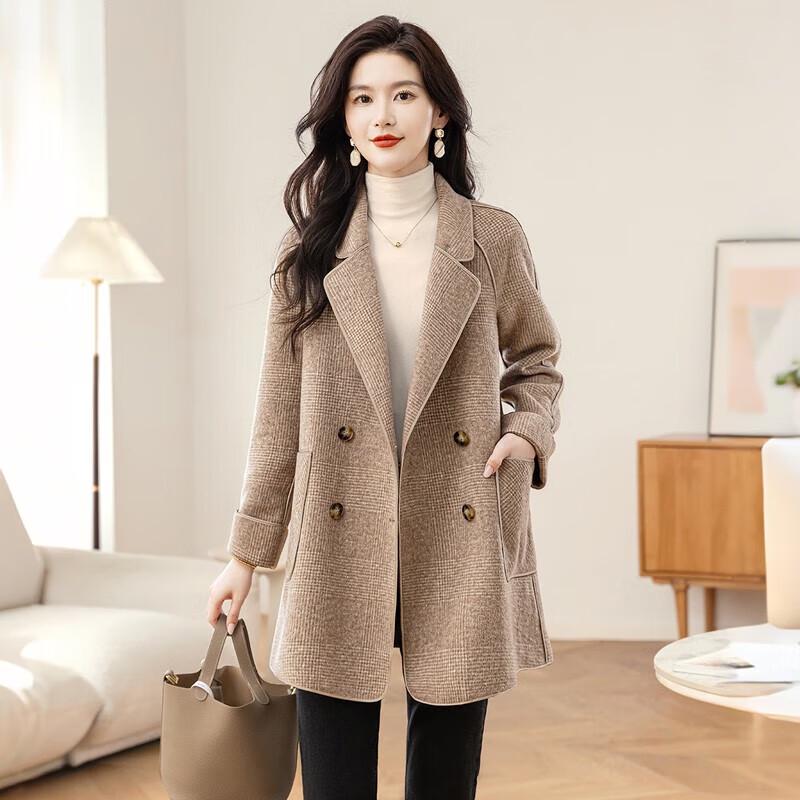 

Women s Plaid Double-Breasted Wool Blend Coat M