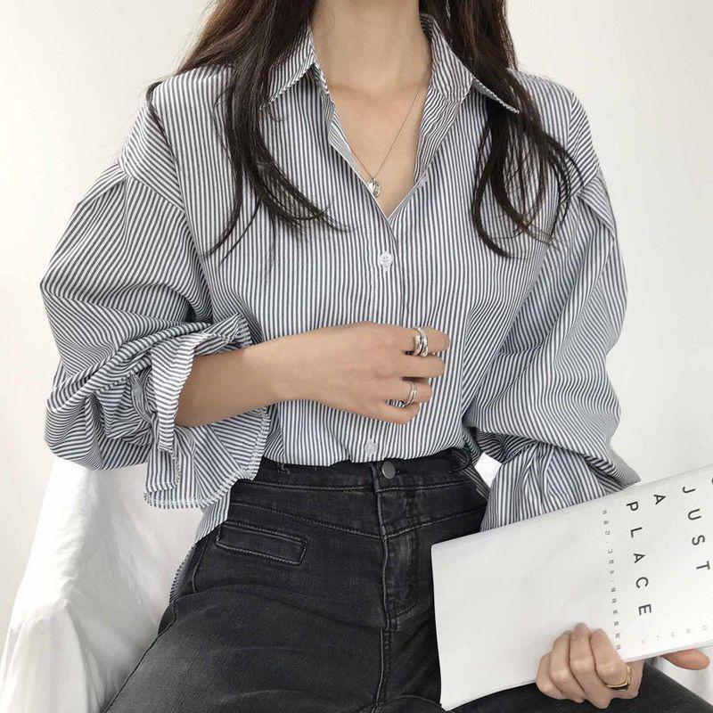 2024 Korean-Style Loose Striped Shirt for Women - Trendy Spring & Autumn Top