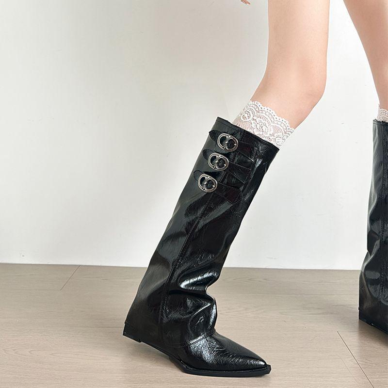2025 New Pointed Inner Height Increase Western Trouser Boots Women's Belt Buckle White But Knee Boots Knight Boots