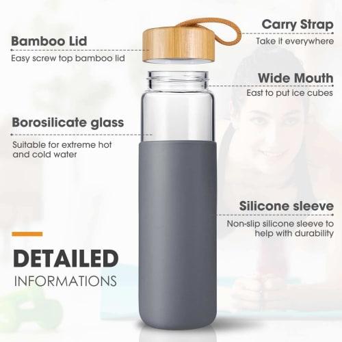 Yomious 20oz Borosilicate Glass Water Bottle with Silicone Sleeve, BPA-Free, Dishwasher Safe, Reusable Clear Glass Drinking Bottle with Leak-Proof Bam