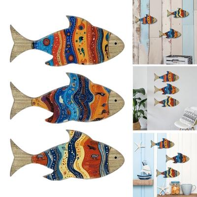 3Pcs/Set Nautical Wooden Fish Wall Decoration Farmhouse Rustic Colorful Fish Wall