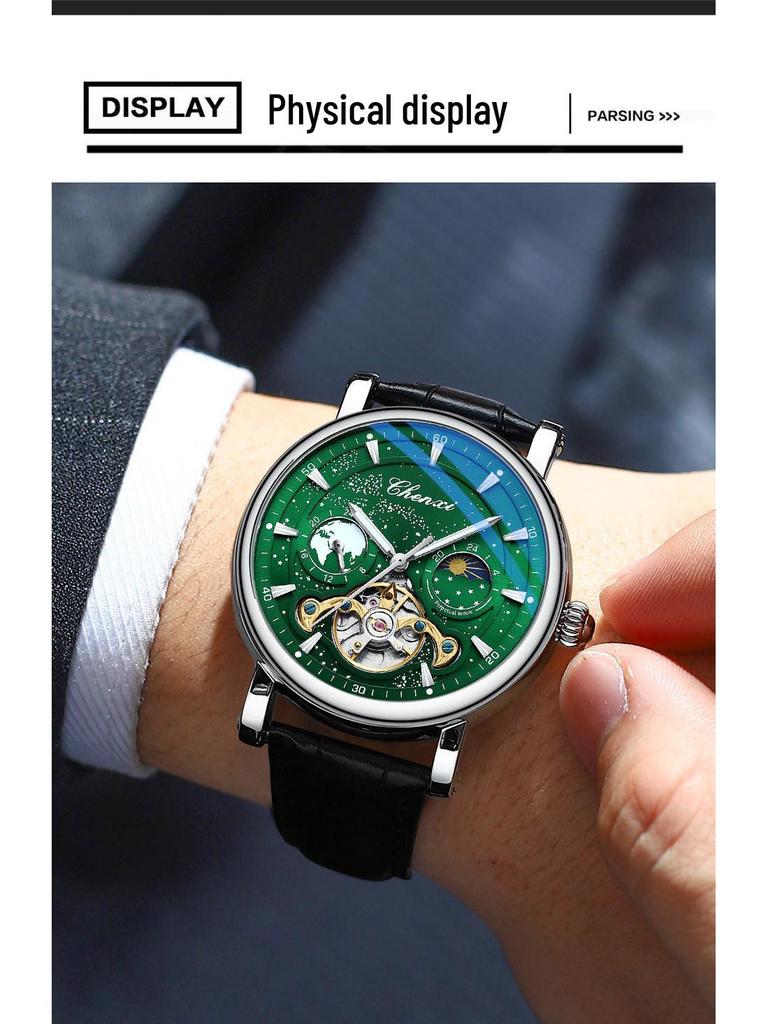 Dawn Star River Moon Phase Skeleton Tourbillon Men's Automatic Luminous Leather Strap Watch