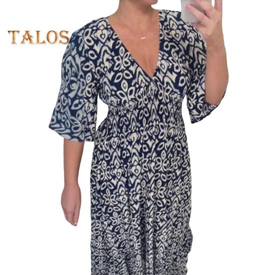 

Женское летнее платье в стиле бохо с цветочным принтом, V-образным вырезом, короткими рукавами, оборками, цветочным принтом, платье миди, повседневное пляжное струящееся платье-трапеция S