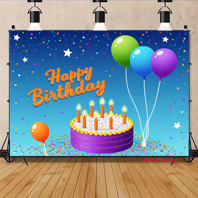 2D Cartoon Birthday Cake with Candles Photo Booth Background