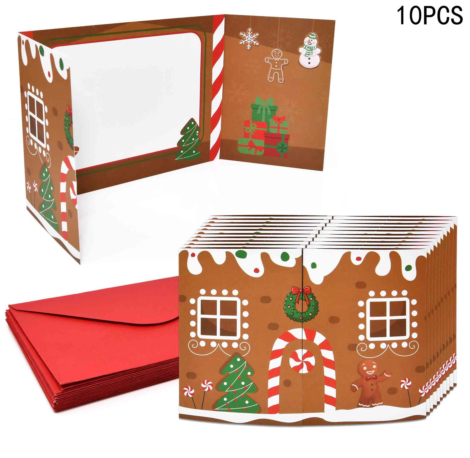 

Набір із 10 різдвяних листівок-пряникових будиночків Подарунок (10 листівок + 10 конвертів) Трискладні двосторонні картки-прикраси для святкової вечірки