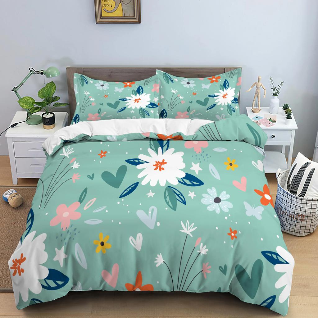 Flower Bedding Set Colorful Floral Duvet Cover Queen King Size Green Leaves Blossom Quilt Cover 2/3Pcs Polyester Comforter Cover