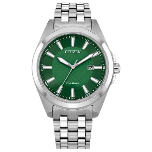 

Citizen Men s Eco-Drive Classic Peyton Watch, 3-Hand, Date, Sapphire Crystal, Luminous Markers, Silver/Green Dial. Classic
