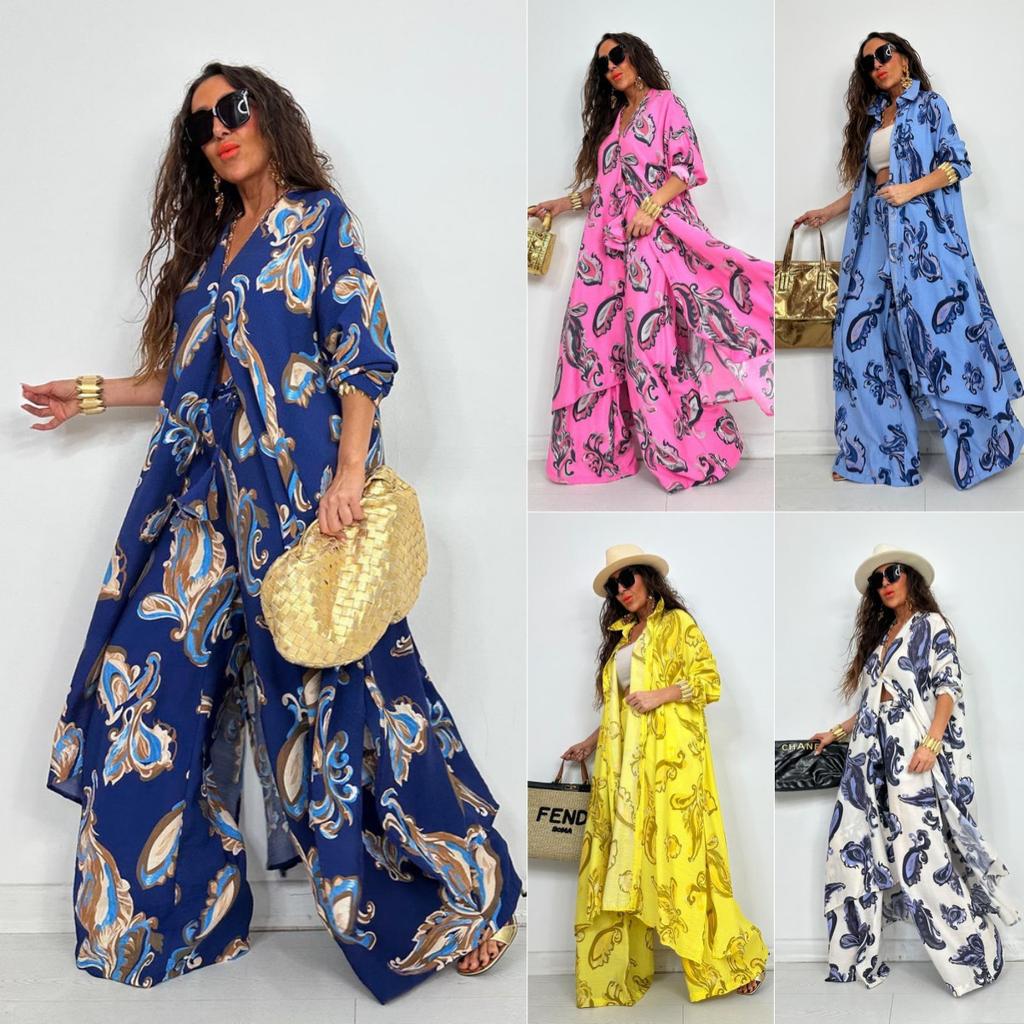 2025 Autumn New Women's Lapel Print Medium and Long Top Wide-leg Pants Two-piece Set