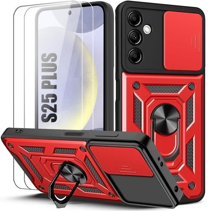 Case + 2 Tempered Glasses for Samsung Galaxy S25 Plus (Galaxy S25+) Shockproof Bumper with Stand and Camera Protection - Red