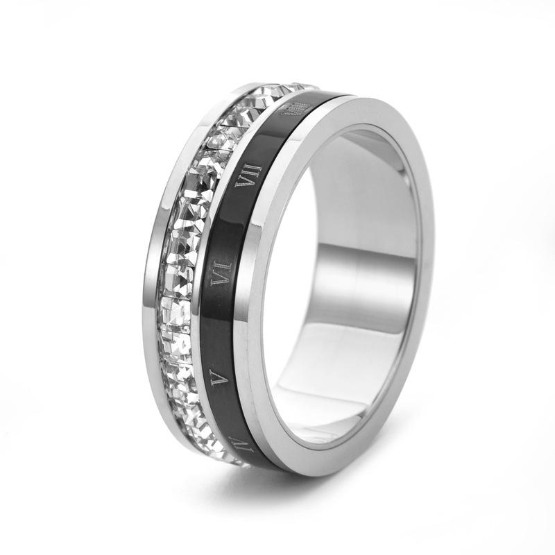 Elegant Roman Numeral Rotatable Titanium Steel Ring with Square Diamond - Colorfast, Unisex and Stylish. Size 7 серебряный