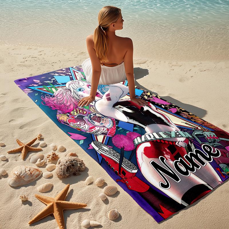 Custom Name Harley Quinn Art Stylish Digital Printing Beach Towel Quick‑Drying Absorbent Blanket for Beach Pool Gym Travel