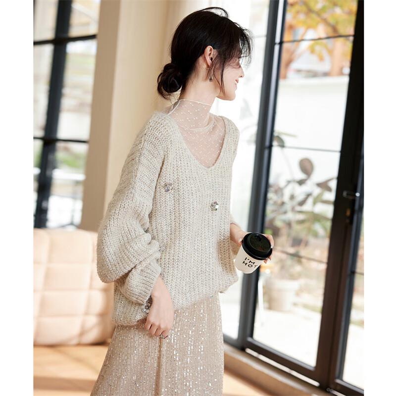 

Sweet Fairy Style Relaxed Fit Sequin Round Neck Sweater L