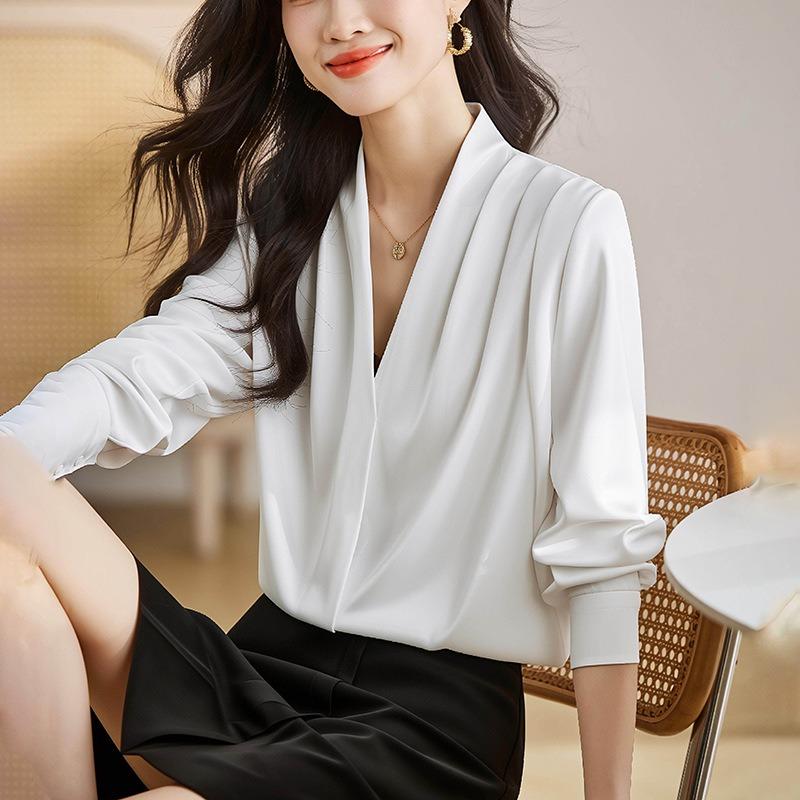 Women V Neck Satin Blouse Long Sleeve Solid Color Office Wear Casual Shirt