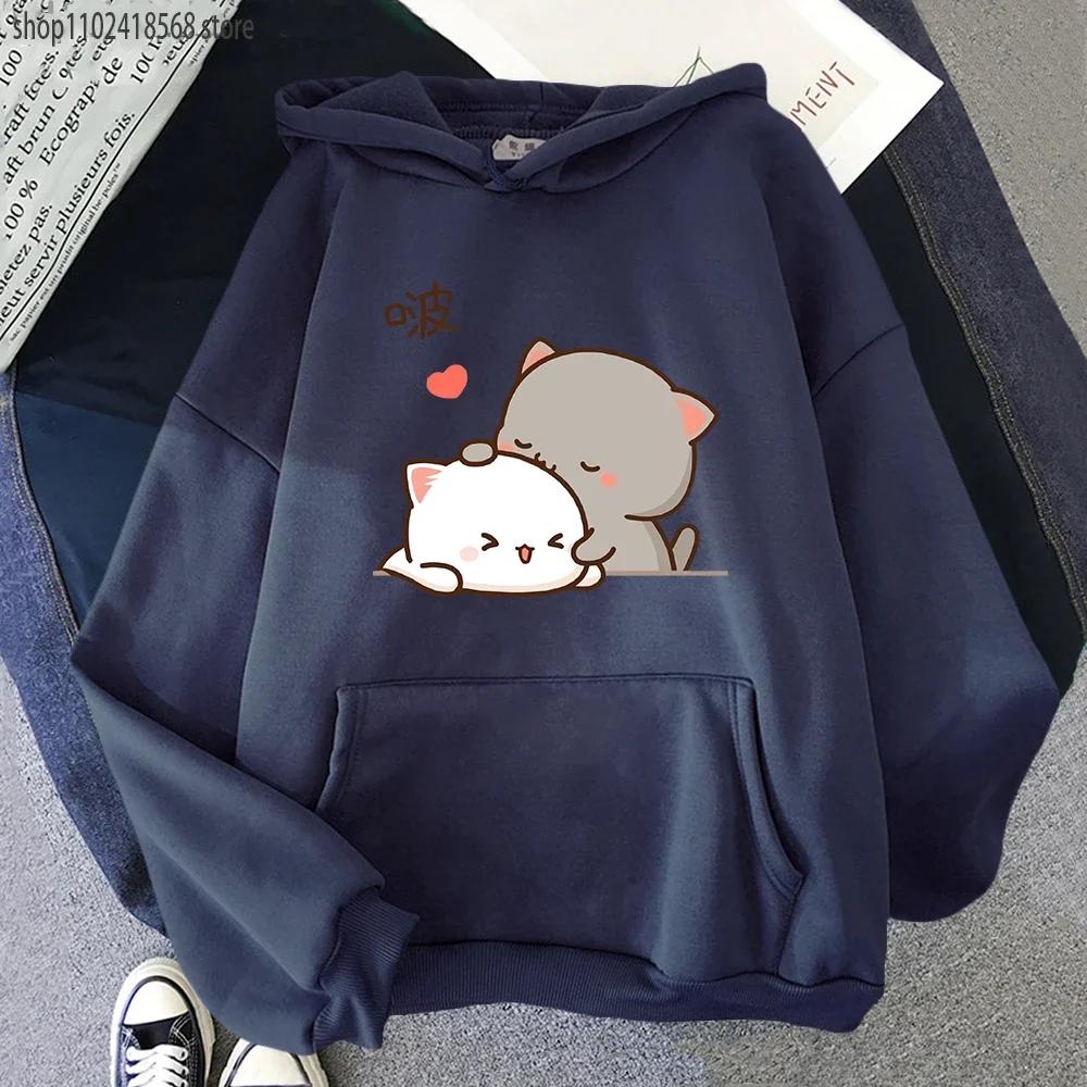 Peach Cat Hoodies Kawaii Clothing Aesthetic Cute Pink Tops Oversized Cartoon Print Sweatshirts Women Warm Streetwear Men