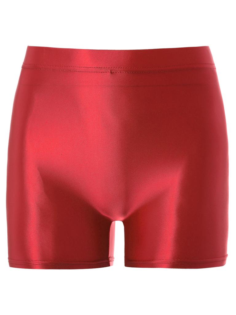 Womens Shiny Mid Waist Elastic Waist Shorts Swimwear Yoga Sportswear